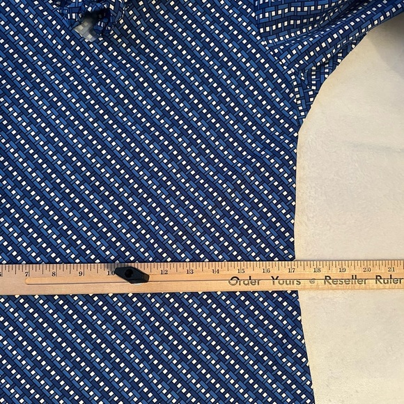 J. McLaughlin Blue & White Weave Print Stretch Dress M ruffle neckline 3/4 slv - Picture 3 of 10